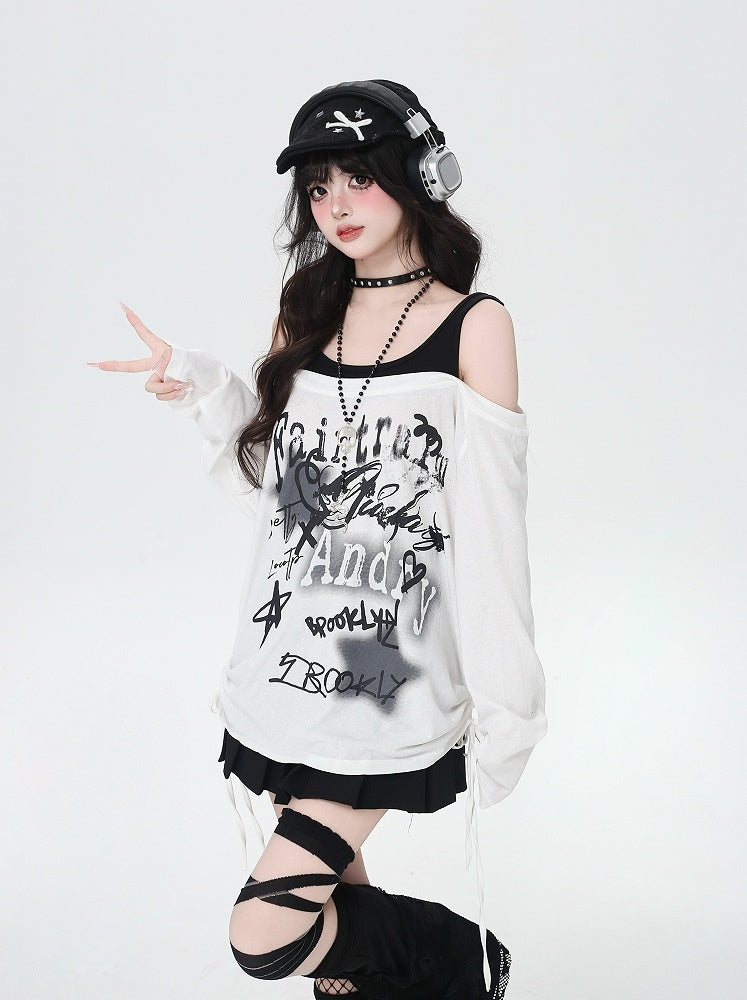 Y2K Star Print Open Shoulder Black/White Top Faux Two-pieces