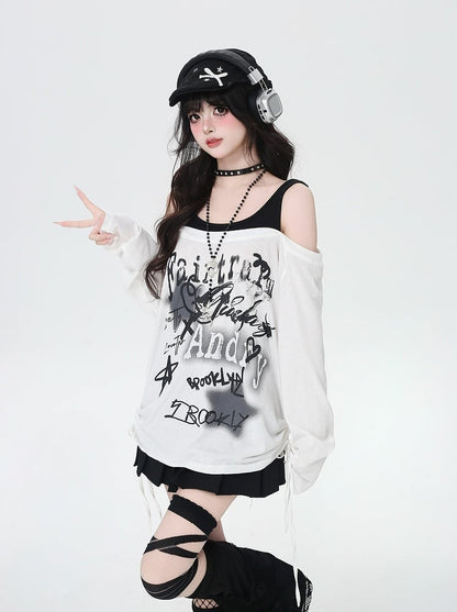 Y2K Star Print Open Shoulder Black/White Top Faux Two-pieces