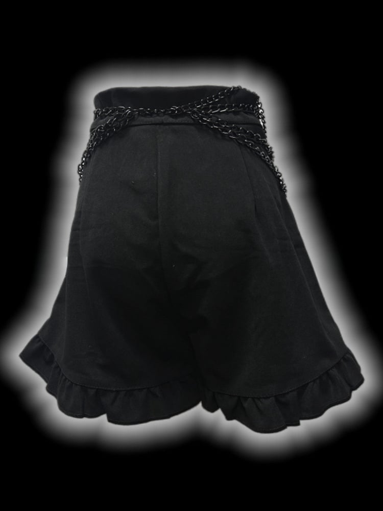 Gothic Black Cross Patches High Waist Ruffle Trim Shorts with Free Waist Chain