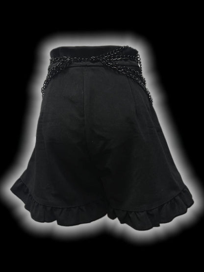 Gothic Black Cross Patches High Waist Ruffle Trim Shorts with Free Waist Chain