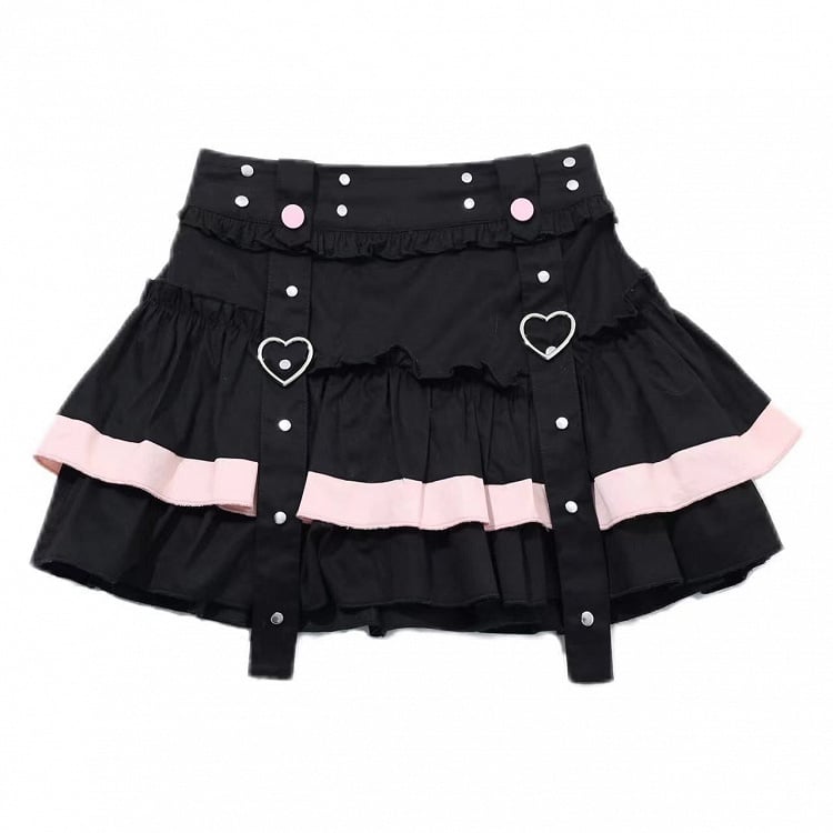 Black and Pink Tiered Ruffles Mini Skirt