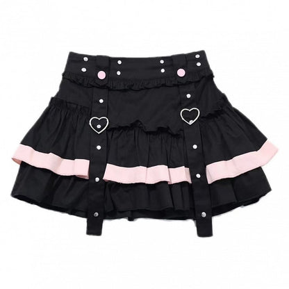 Black and Pink Tiered Ruffles Mini Skirt