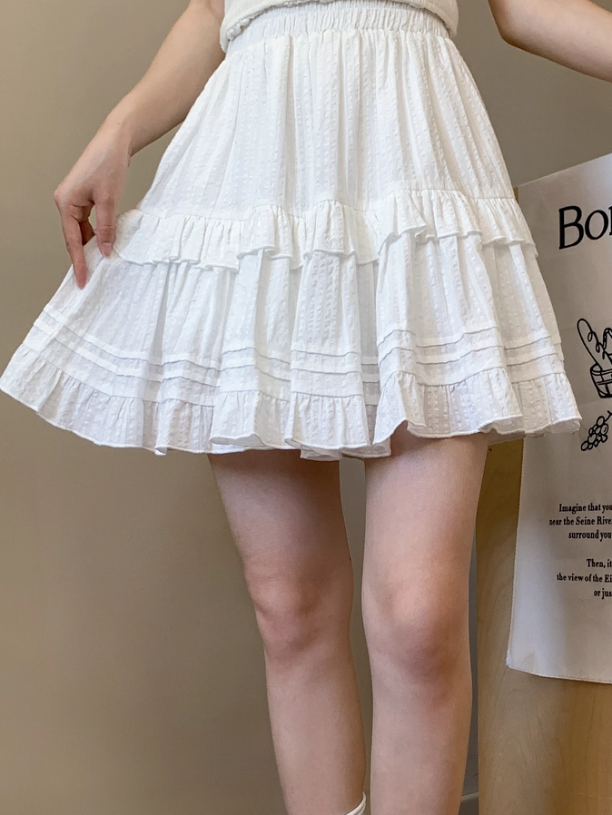 White Elastic Waist Ruffle Hem Tiered Skirt