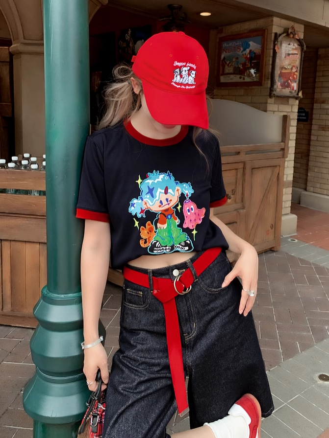 Navy Blue Round Neck Cartoon Print Contrast Trim T-shirt