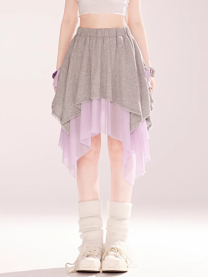 Gray and Purple Colorblock Elastic Waist Handkerchief Hem Skirt