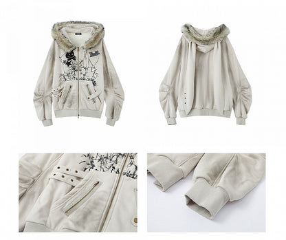 Spiderweb and Skeleton Print Gray Punk Rock Bunny Ears Fleece Zip Hoodie