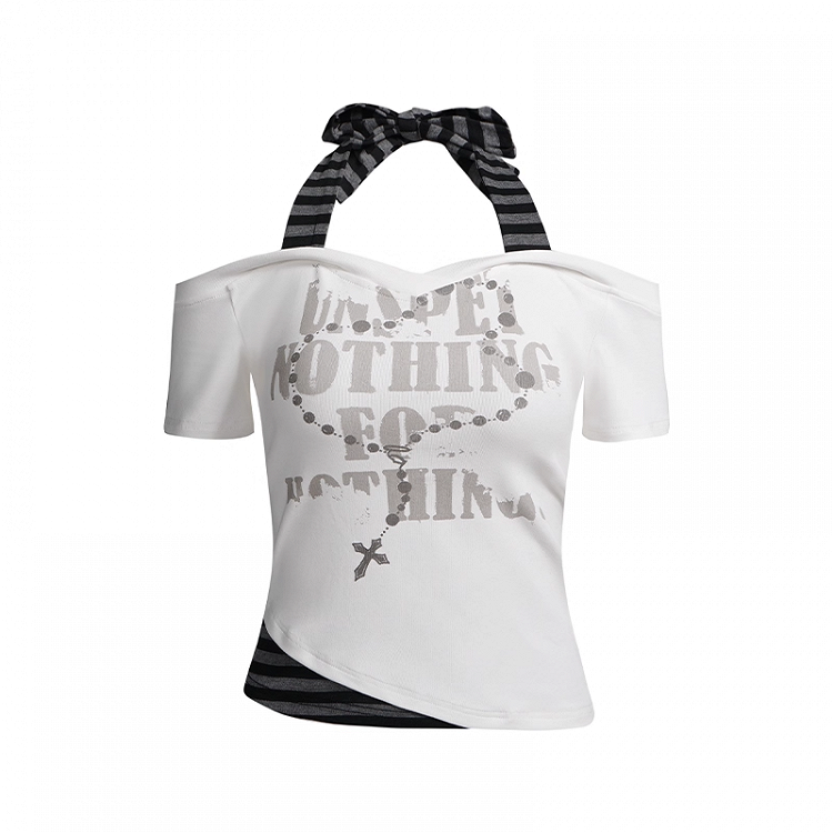Y2K Cross Necklace Print White and Gray Striped Halter Neck T-shirt