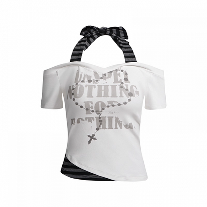 Y2K Cross Necklace Print White and Gray Striped Halter Neck T-shirt