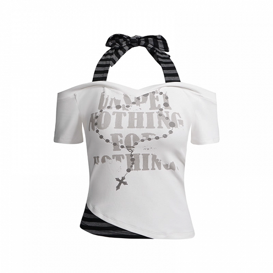 Y2K Cross Necklace Print White and Gray Striped Halter Neck T-shirt