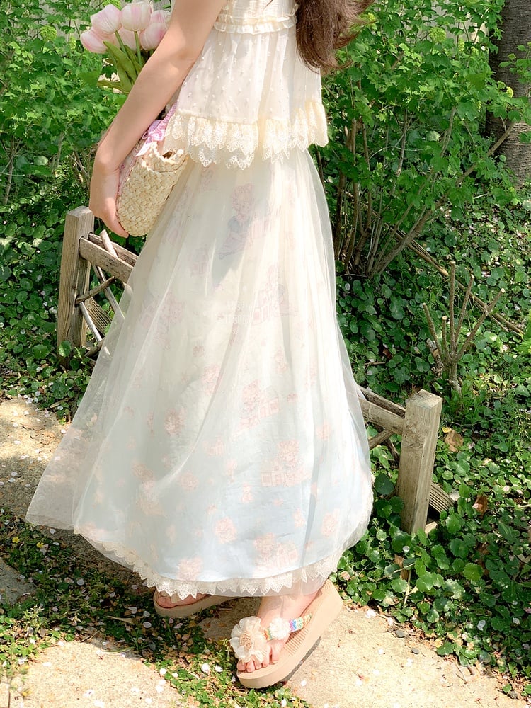 Beige Elastic Waist Cute Cartoon Print Skirt with Mesh Overlay