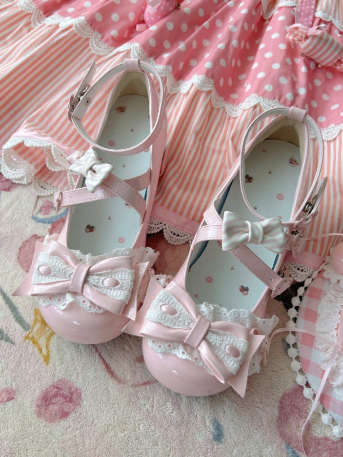 Sweet Sakura Pink Lolita Mid Heels - PU Leather with Crisscross Straps & Heart-Shaped Snap Closure