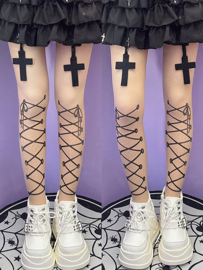 Nude Y2K Lace-up Straps Print Tights