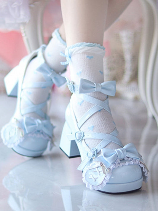 Blue Crisscross Design Bunny Ear Bowknot Sweet Lolita 8CM High Block Heels