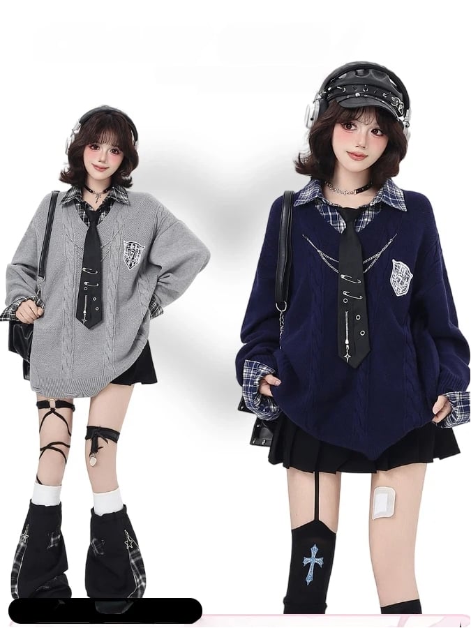 Navy Blue / Gray Retro Academic Plaid Loose Fit Sweater