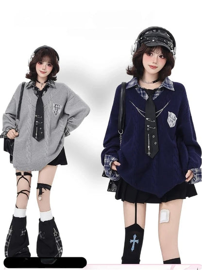 Navy Blue / Gray Retro Academic Plaid Loose Fit Sweater