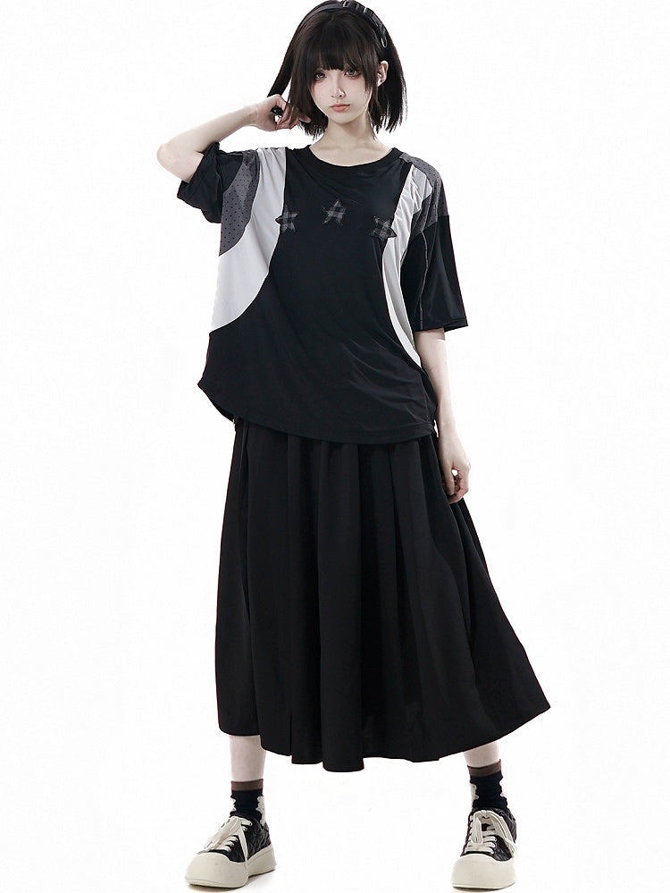 Black Elastic Waist Star Studs Skirt Long/Short Version