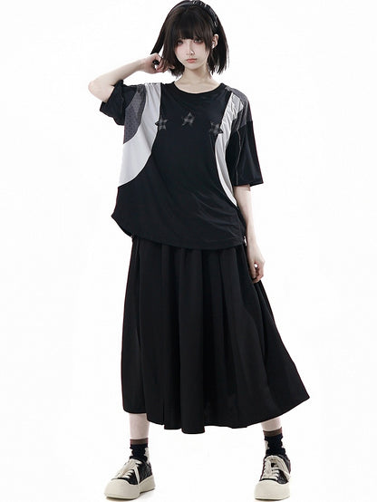 Black Elastic Waist Star Studs Skirt Long/Short Version