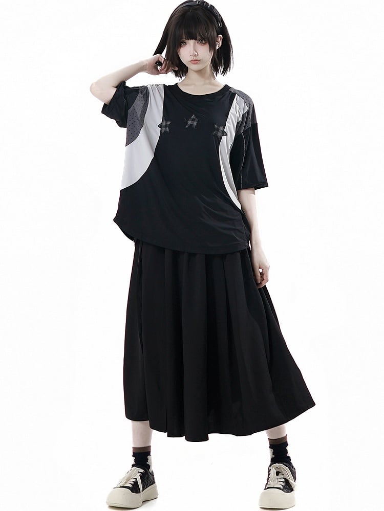 Black/Gray Colorblock Design Plaid Star Appliques Round Neck Sports T-shirt