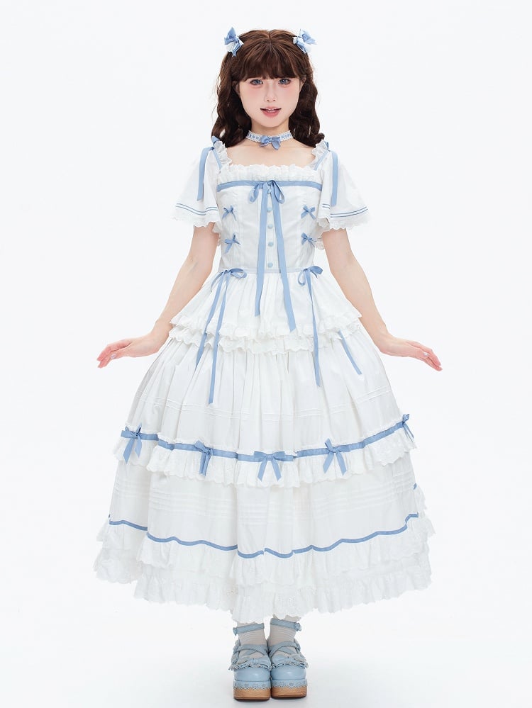 Plus Sizes Available Blue and White Classic Lolita Cotton Dress with Detachable Butterfly Sleeves