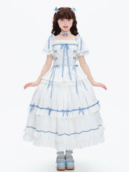 Plus Sizes Available Blue and White Classic Lolita Cotton Dress with Detachable Butterfly Sleeves