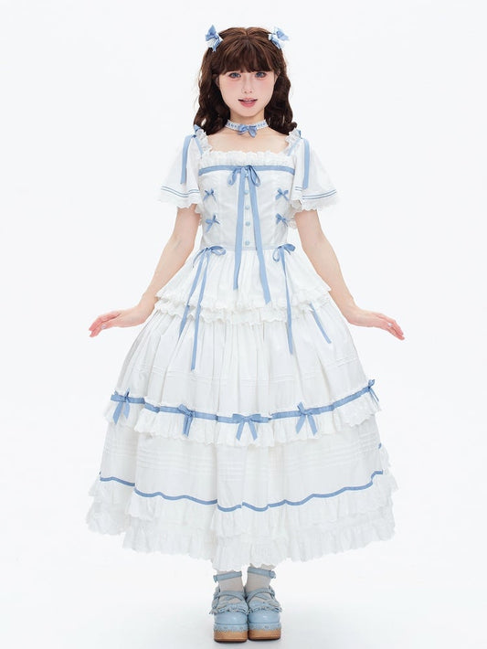 Plus Sizes Available Blue and White Classic Lolita Cotton Dress with Detachable Butterfly Sleeves