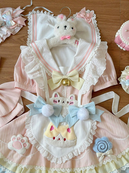 Pastel Color Sailor Collar Sweet Kitty Maid Lolita Dress with Heart Apron