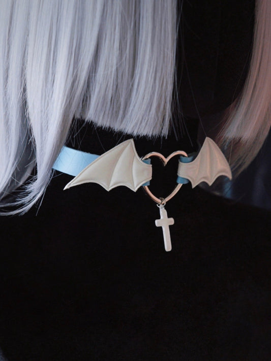 Cross Pendant Blue and White Handmade Bat Wings PU Choker