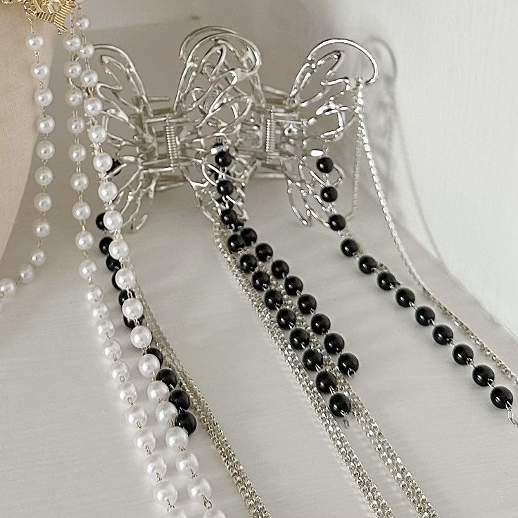 Black / White Bead Chain Butterfly Claw Clips