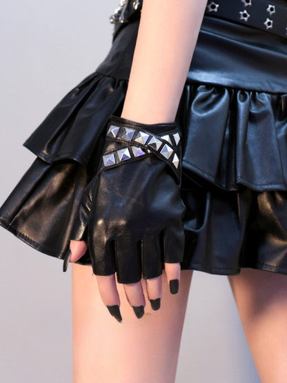 Black/White Steampunk Studs Details Finger Gloves
