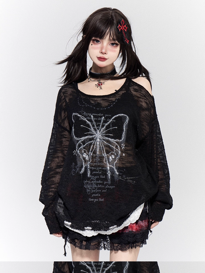 Butterfly Print Cutout Shoulder White/Black/Apricot Semi-sheer Coverup