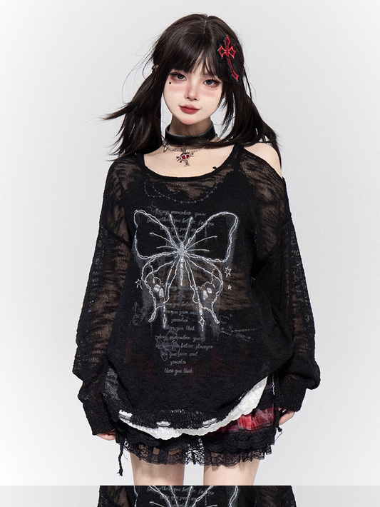 Butterfly Print Cutout Shoulder White/Black/Apricot Semi-sheer Coverup