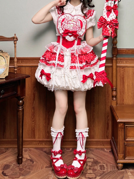 White and Red Polka-dot Cake Embroidery Sweet Lolita Overall Dress Big/Small Bubble Skirt