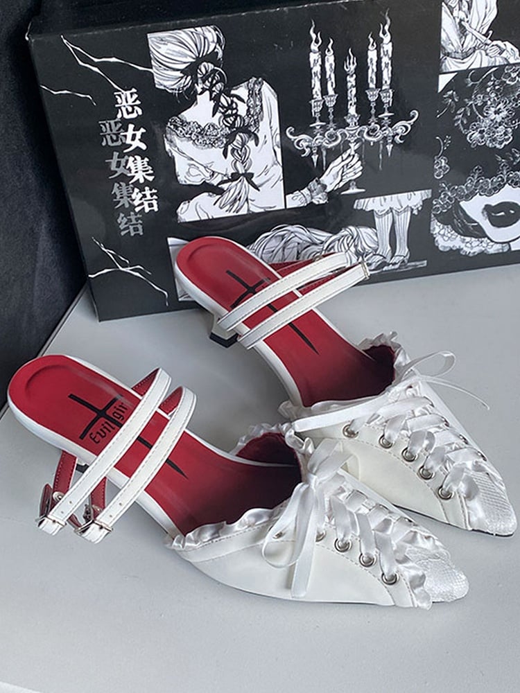 White Lace-up Detail Pointed Toe Gothic Slingback Sandals