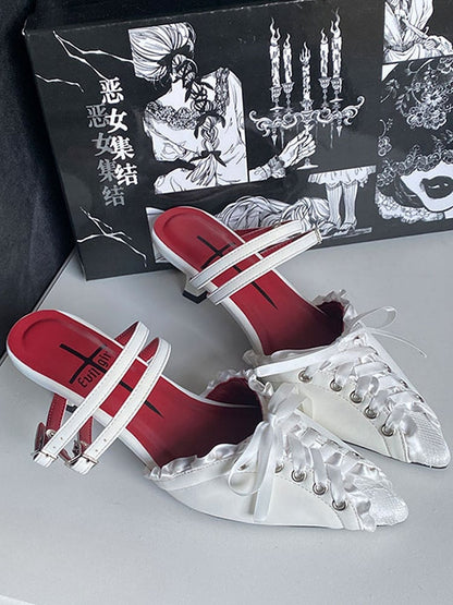 White Lace-up Detail Pointed Toe Gothic Slingback Sandals
