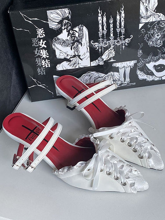 White Lace-up Detail Pointed Toe Gothic Slingback Sandals