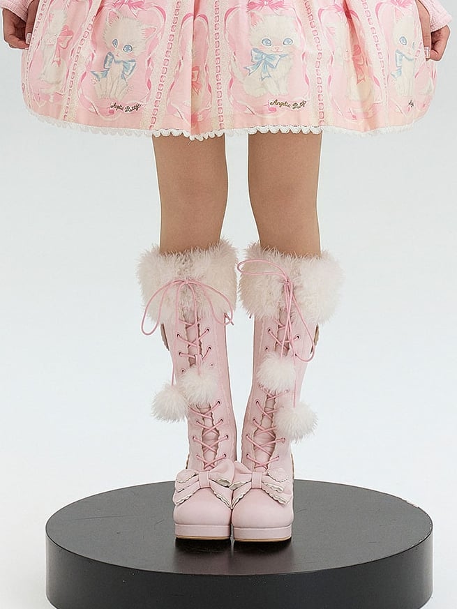 PU Pink Sweet Lolita Knee-High Boots - Plush Cuff with Bow Accents, Pompom Charm & Dual Closure