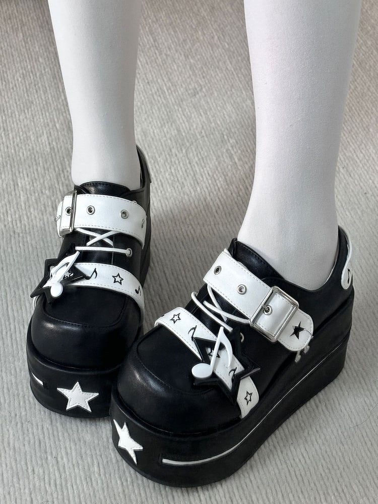 Black Jirai Kei Star Design Buckle Strap Platform Shoes