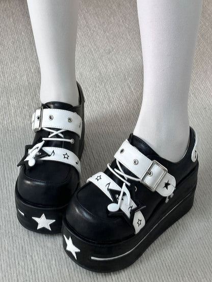 Black Jirai Kei Star Design Buckle Strap Platform Shoes