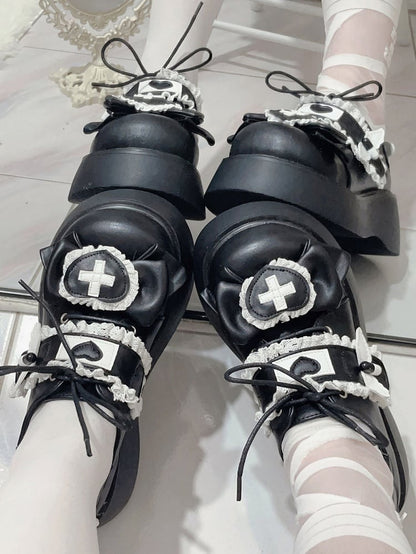 Clearance-Size 39 Jirai Kei Black Yami Kawaii Cross Bowknot Lace-up Detail Platform Shoes Thicken Version