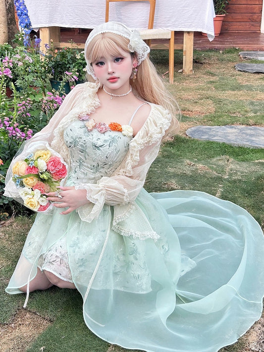 Plus Size Lace Trim Beige Self-tie Straps Long Sleeves Top