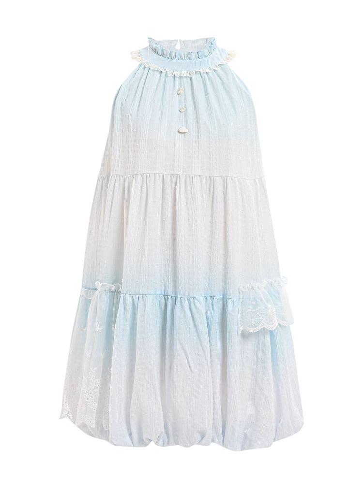 Light Blue Ruffled Halter Neck Bead Buttons Sleeveless Dress Bubble Skirt
