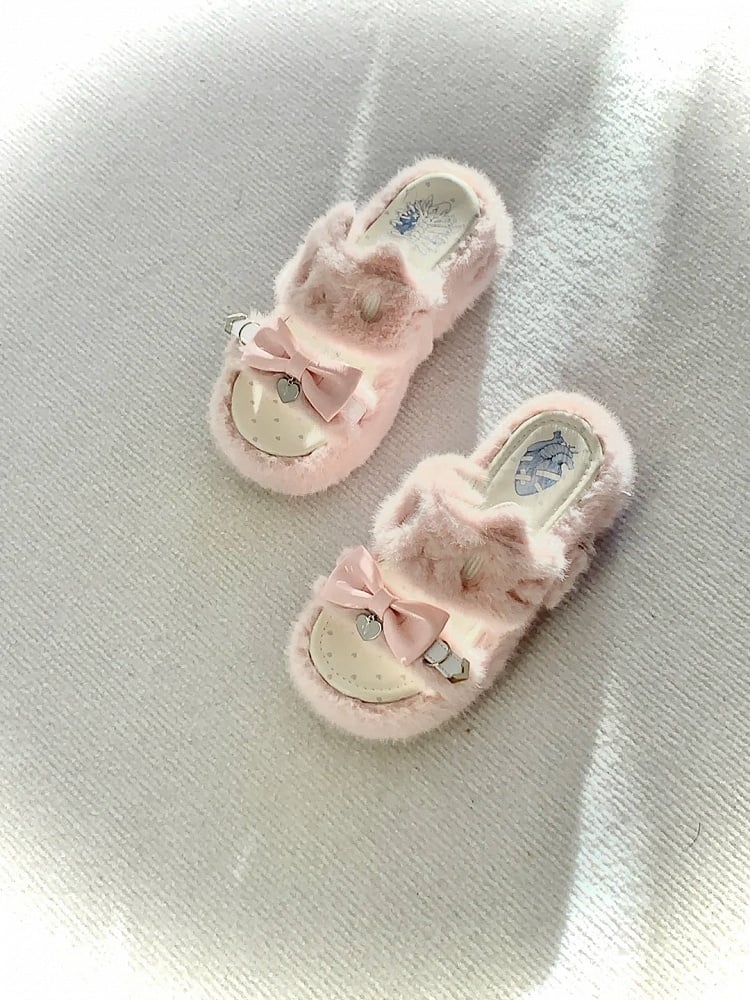 Rebellious Kitten Embroidery Slippers - Jirai Kei Pink Plush Platform with Bow & Heart Charm
