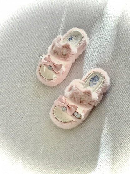 Rebellious Kitten Embroidery Slippers - Jirai Kei Pink Plush Platform with Bow & Heart Charm