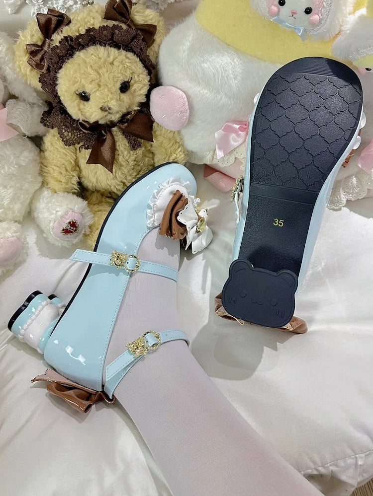 Mint Green 4.5cm Mid-heel Bear Themed Shoes in Sweet Lolita with Brown Bowknot Details