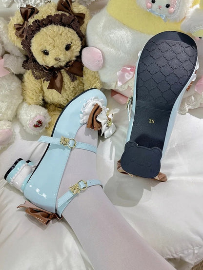 Mint Green 4.5cm Mid-heel Bear Themed Shoes in Sweet Lolita with Brown Bowknot Details