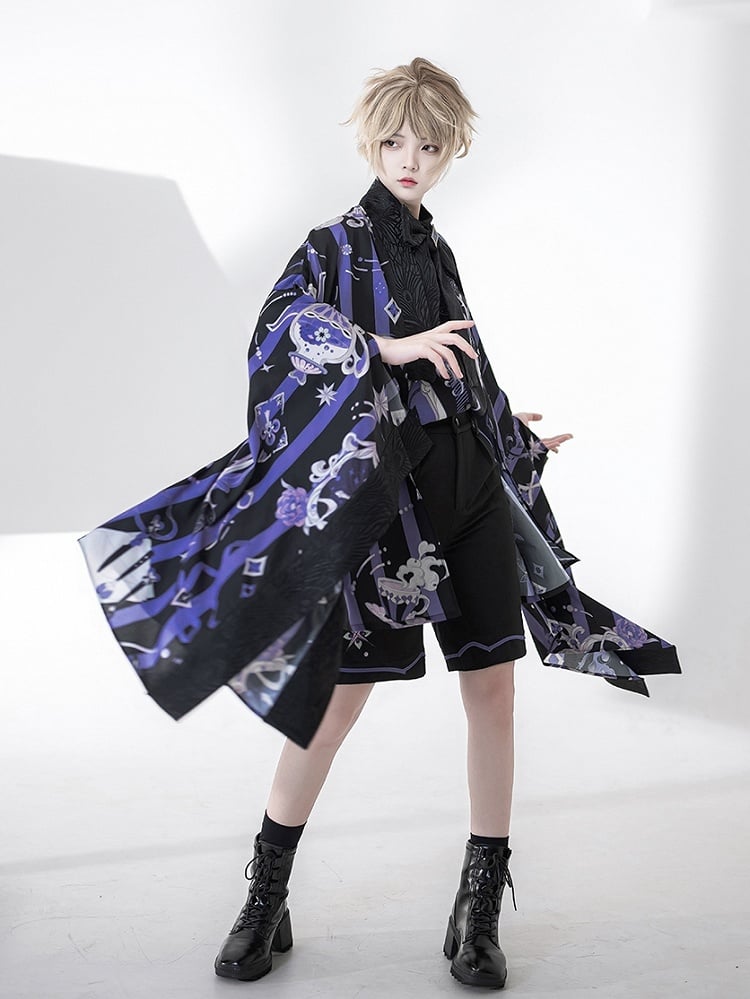 Black and Purple Striped Pattern Haori Poker and Tea Cup Print