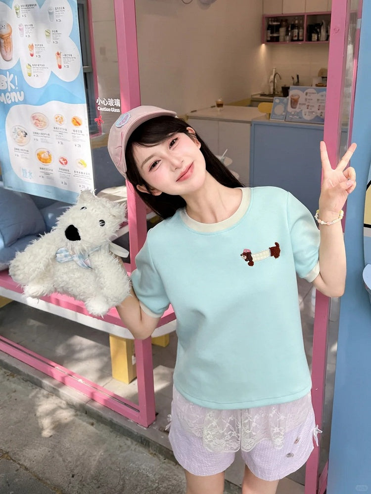 Cute Dachshund Embroidery Mint Green Round Neck T-shirt