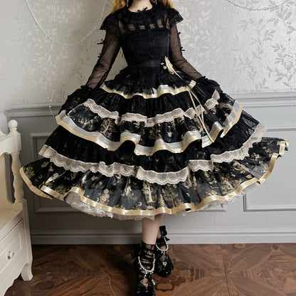 Black and Gold Bunny and Kitty Print Lolita Tiered Ruffle Skirt