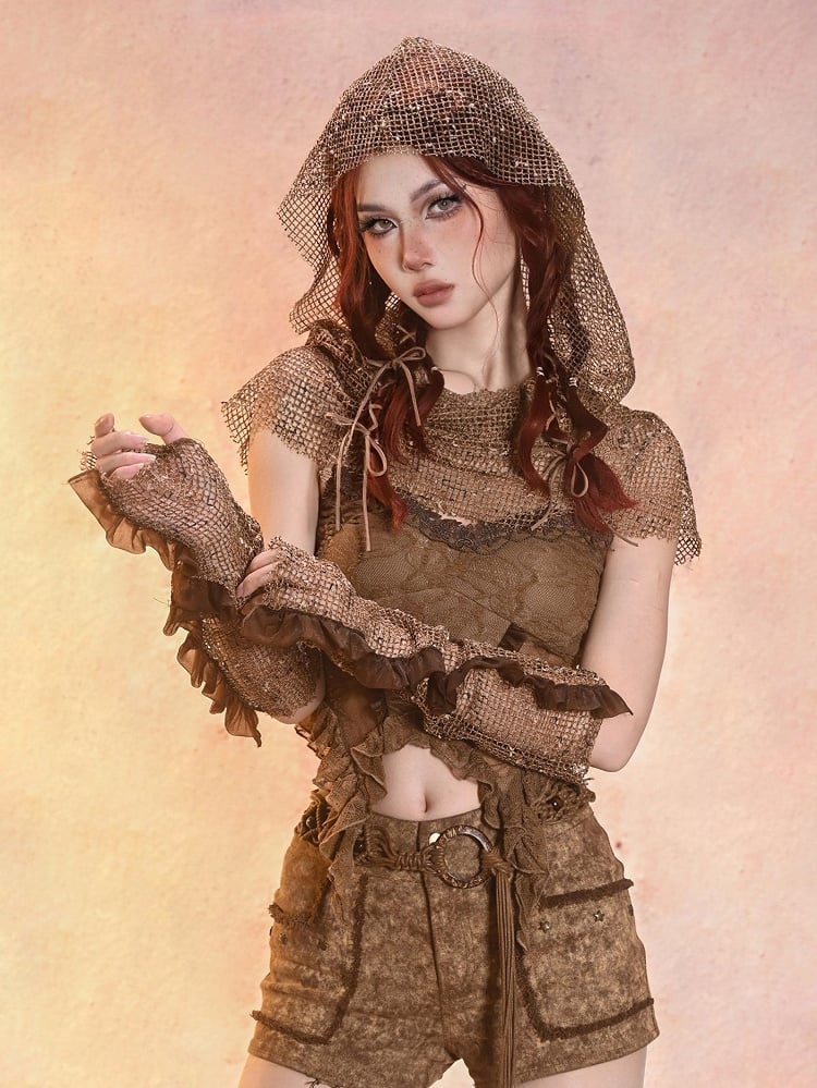 Wasteland Punk Summer Mesh Sleeves with Ruffles