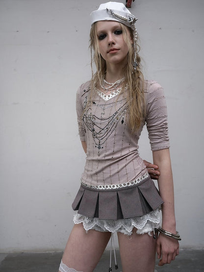 Pink/Blue Wasteland Punk Lace Trim Bowknot Decorated Box Pleat Mini Skirt